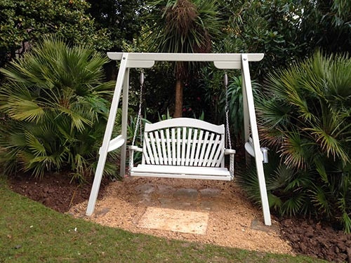 Sitting Spiritually swing seats at Abbotsbury Subtropical Gardens
