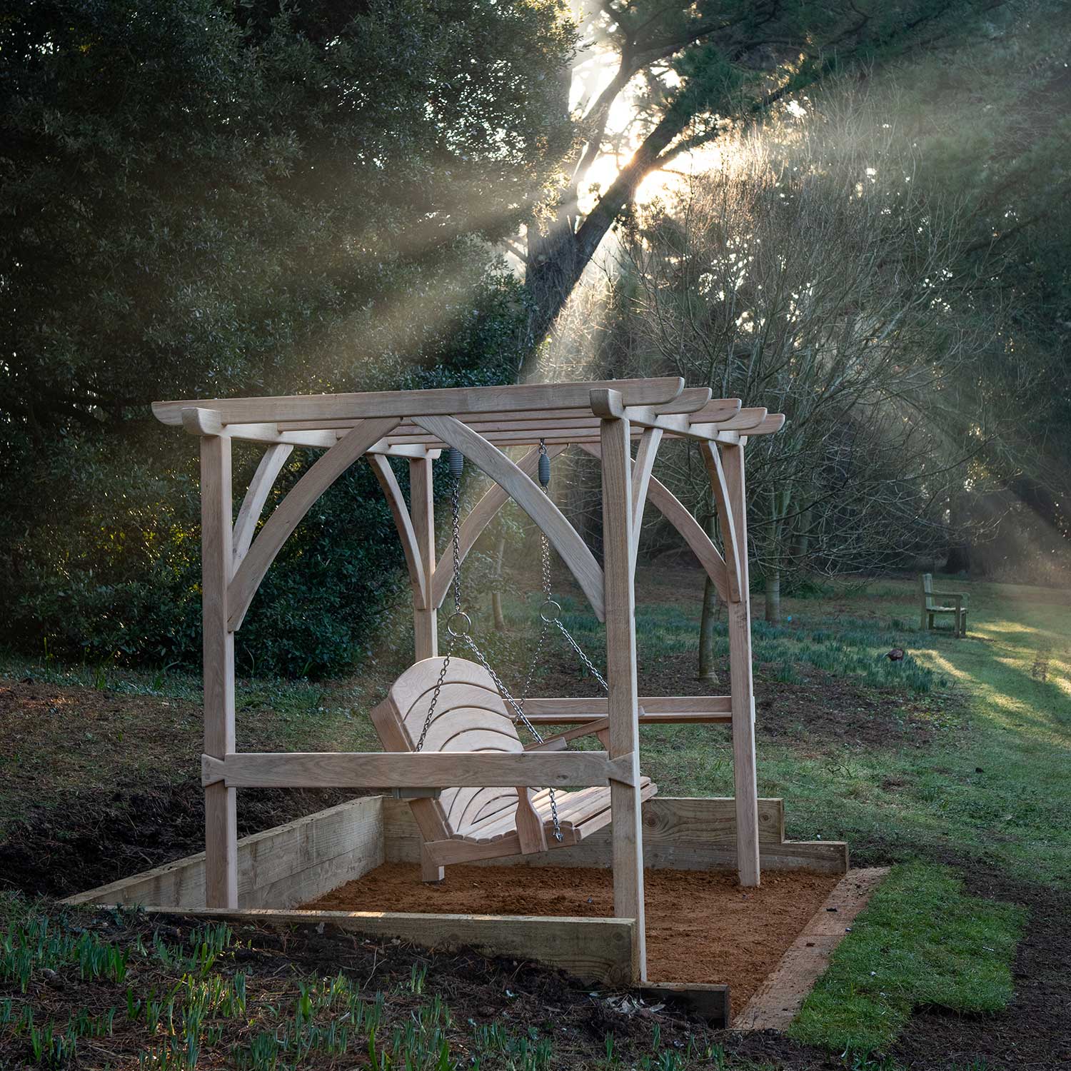 Sitting Spiritually Swing Seat in the arboretum at Abbotsbury Subtropical Gardens